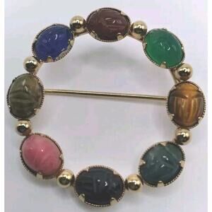 K L Brooch Egyptian Revival Style Scarab Shape Stones Marked 12K G. F. Goldtone